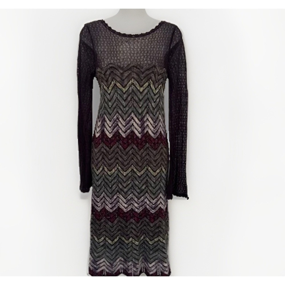 FREE PEOPLE Dress Womens L Multicolor Crochet Knit Chevron Bell Sleeve Fairy